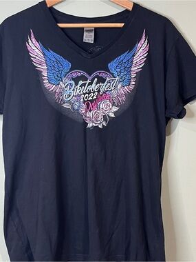 Gildan Black V-Neck Tee with Blue & Pink Winged Heart Graphic